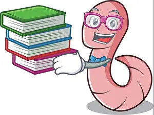 Clever Prints: Student with book worm mascot cartoon style