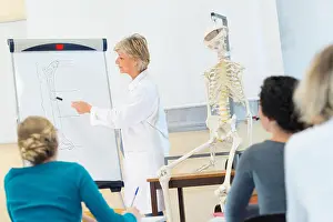 Tutor Prints: students of medicine examining anatomical model in classroom