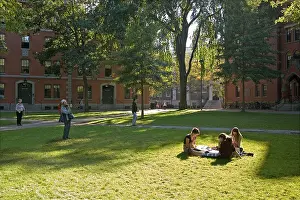 Harvard University Prints: Students sitting on the grass in Harvard university yard, Massachusetts