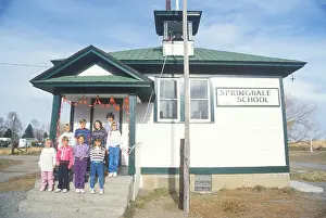 Color Photography Prints: Students and their teacher in front of a one room schoolhouse Springdale Washington