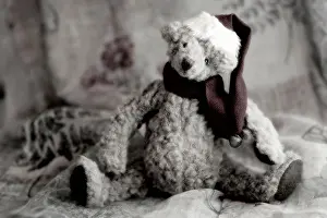 Teddy Prints: Stuffed teddy bear wearing red Santa hat and scarf