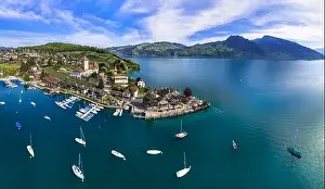Bern Prints: Stunning aerial drone panorama of lake Thun and the Spiez village with medieval castle
