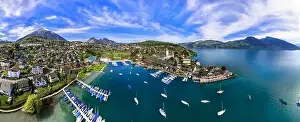Bern Prints: Stunning aerial drone panorama of lake Thun and the Spiez village with medieval castle