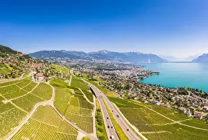 City Day Prints: Stunning aerial view of the famous Lavaux vineyard by Vevey and lake Geneva in Canton Vaud in Switzerland
