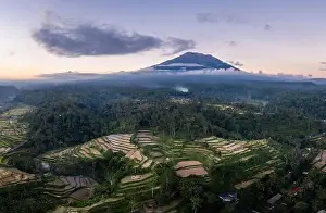 Unreal Prints: Stunning Balinese landscape with Mt Agung volcano rising above the Muncan rice terraces near Ubud in Bali at sunset