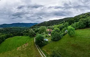 Cropland Prints: Stunning beautiful aerial view of the Vosges mountain range in Alsace. France