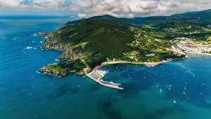 Yachting Prints: Stunning drone image capturing a picturesque coastal town in Galicia