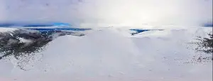 Mountain White Prints: Stunning ski 360 panorama of gentle hills and mountains in the snow with tourist camps on a winter cloudy day