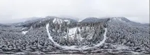 Mountain White Prints: Stunning ski panorama of white snowy cliffs with trees covered in dense fog on a cold winter morning