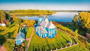 Stunning summer view from flying drone of Kazansʹkoyi Ikony Presvyatoyi Bohorodytsi church