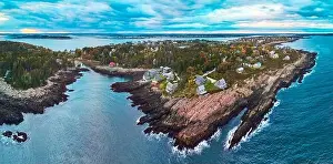 Stunning wide panorama over Maine rocky coastline from drone
