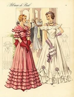 Eras of Dressing Collection: Style dresses in taffetas. Fichu, sleeve and skirt garniture formed of flounces
