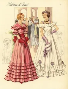 Style dresses in taffetas. Fichu, sleeve and skirt garniture formed of flounces, edged with cered ribbon