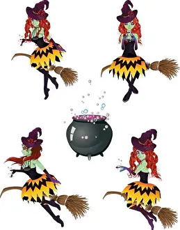 Witchcraft Prints: Stylized dark halloween witch and stylish broom
