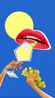Lipstick Prints: Stylized edit of lips sipping yellow wine with grapes under stylized sun. Editorial design