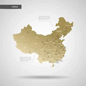Travel Map Prints: Stylized vector China map. Infographic 3d gold map illustration with cities