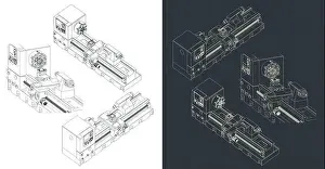 Automated Prints: Stylized vector illustration of isometric blueprints of mechanical lathe