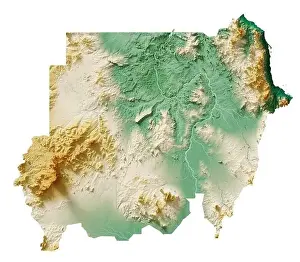 Sudan. Detailed 3D rendering of a shaded relief map with rivers and lakes