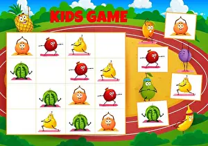Crossword Prints: Sudoku game worksheet, cartoon fruit characters on yoga