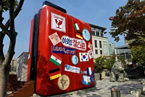 Korea Prints: Suit case sculpture, Seoul, South Korea