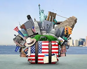 Cruises Prints: Suitcase with American flag on the background of USA landmarks