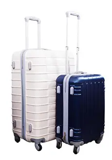 Two suitcases of different size with wheels standing upright