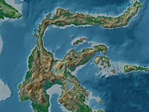 Jakarta Prints: Sulawesi Tengah, province of Indonesia. Colored elevation map with lakes and rivers