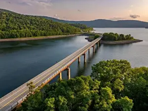 Delaware Prints: Summer aerial photo of the Route 10 bridge over the Cannonsville Reservoir