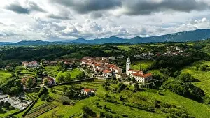 Summer Aerial View of Rolling Hills and Vineyards in Slovenia