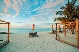 Vacation Destinations Prints: Summer beach landscape. Luxury vacation and holiday concept
