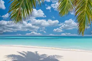 Summer beach landscape. Vacation nature background, beautiful palm tree leaves with calm relaxing blue sea under cloudy sky. Perfect tranquil tropical