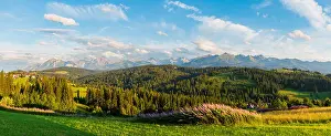 Wide Prints: Summer evening mountain village outskirts with houses on hill top and Tatra range behind (Poland)