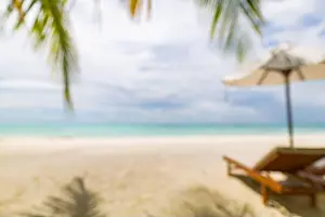 Beach Landscape Prints: Summer exotic sandy beach with blur palms and sea on background