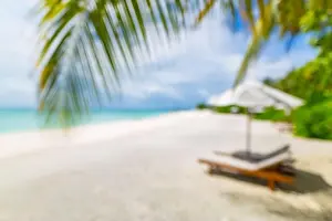 Summer exotic sandy beach with blur palms and sea on background. Dream vacation background with palm leaves and sea view. Summer paradise island beach