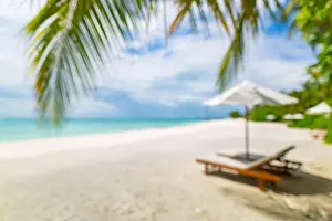 Summer exotic sandy beach with blur palms and sea on background. Dream vacation background with palm leaves and sea view. Summer paradise island beach