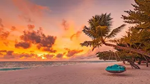 summer landscape with beach swing or hammock and white sand and calm sea beach banner. Paradise island beach vacation or summer holiday destination