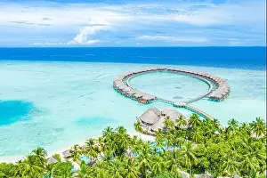 Summer landscape and seascape as aerial tropical background. Amazing view from above, luxury water bungalows, vacation holiday mood. Pristine clear