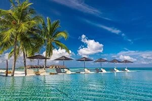 Luxury Travel Collection: Summer luxury tourism landscape. Luxurious beach resort swimming pool reflection