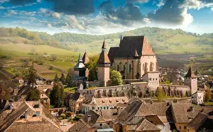 Vacation Village Prints: summer morning view of the cityscape of Biertan town Fortified Church