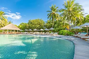 Summer outdoor tourism landscape. Luxurious beach resort with swimming pool and beach chairs or loungers under umbrellas with palm trees and blue sky