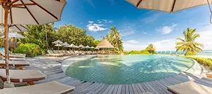 Summer outdoor tourism landscape. Luxurious beach resort with swimming pool and beach chairs or loungers under umbrellas with palm trees and blue sky
