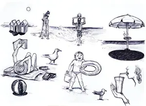 Parasol Prints: summer scene at the beach, pencil sketch illustration