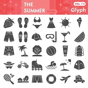 Glyph Prints: Summer solid icon set, beach symbols collection or sketches