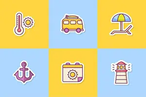 Thermometer Prints: summer sticker icon icons set collection package with color outline style vector design illustration