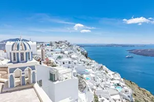 Summer vacation panorama, luxury famous Europe destination. White architecture in Santorini, Greece. Perfect travel scenery with swimming pool sea