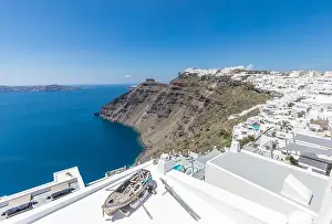 Summer vacation panorama, luxury famous Europe destination. White architecture in Santorini, Greece. Perfect travel scenery with swimming pool sea