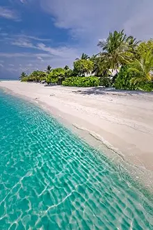 Summer vacation on a tropical island with beautiful beach and palm trees. Luxury travel background, exotic beach landscape, sunny weather, tropics