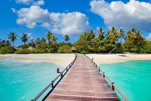 Summer vacation on a tropical island hotel resort with beautiful beach and palm trees, pier jetty path paradise landscape. Idyllic tourism relax