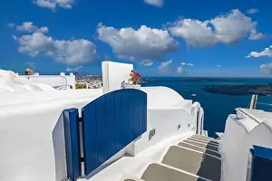 Summer vacation urban scenic of luxury famous destination. White architecture in Santorini, Greece. Perfect travel scenery with terrace sunny blue sky