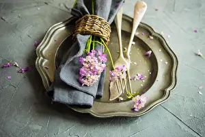 Silverware Prints: Summertime floral table setting with bright purple flowers with copysace